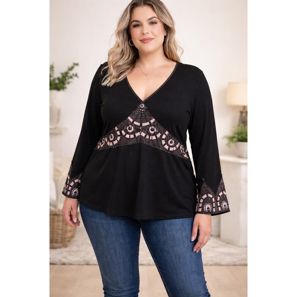 Dolce Cabo 3X Black Beaded Embroidered V Neck Top NWT